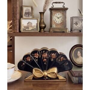 VTG Osborne Napkin Holder Hand Painted Asian Inspired Floral Black Gold Bow Vase